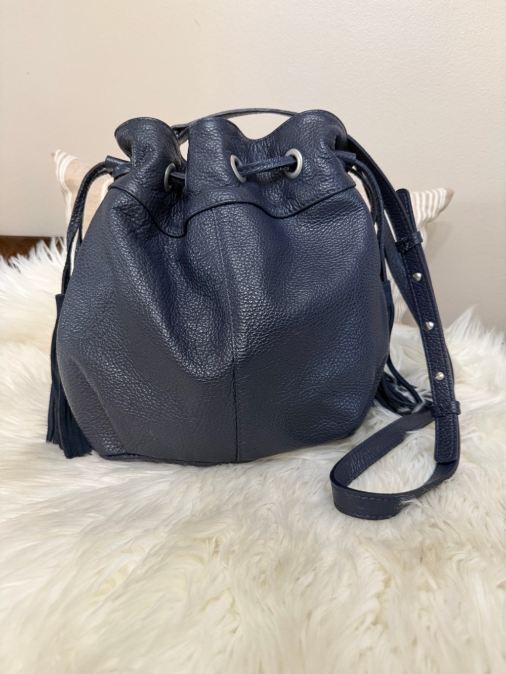 American Eagle Outfitters Navy Pebbled Leather Drawstring Bucket Crossbody